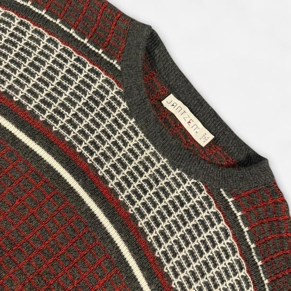 VTG 80s Jantzen Coogi Style Knit Sweatshirt Red/White/Gray Size M
